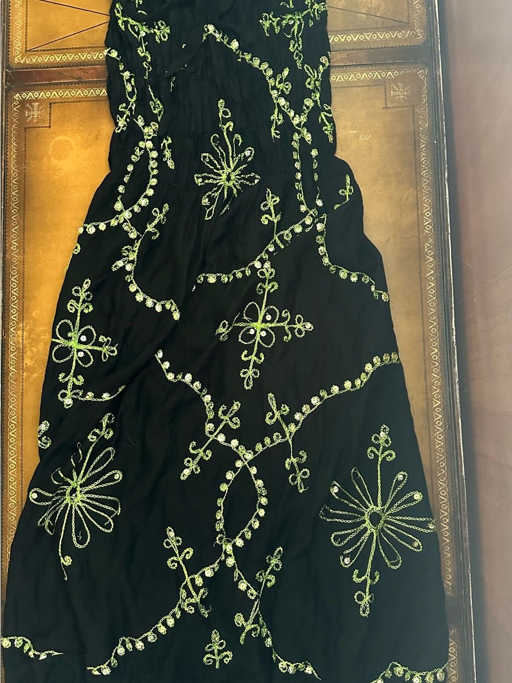 Black Maxi Dress with Lime Green Embroidery